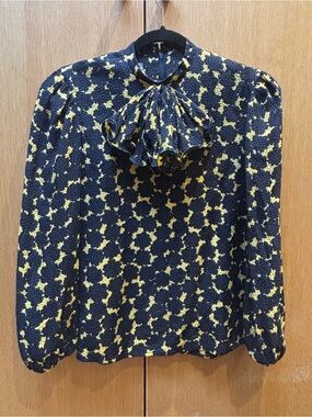 Vintage David Hayes Navy and Yellow print Ruffle-Neck Blouse